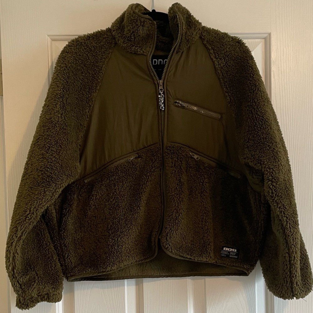 BDG Urban Outfitters Fleece Zip Up Jacket - cozy olive green